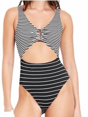 Black and White Striped One-Piece Swimsuit w/ front cutout.  (Size Medium)